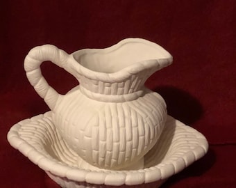 Rare Vintage 2 Piece Ceramic Pitcher and Bowl Set in bisque ready to paint