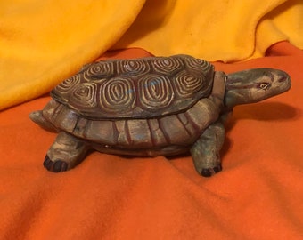 Ceramic Turtle Jewelry Box or Candy Dish dry brushed using Mayco Softee Stains by jmdceramicsart