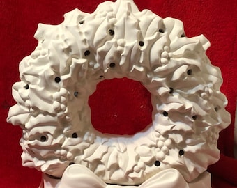 Ceramic Christmas Wreath with Bow Base light stand and holes for lights in bisque ready to paint
