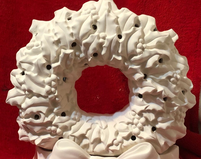 Featured listing image: DIY Ceramic Christmas Wreath and Base with Holes for Light - DIY Handmade Christmas Ornament Centerpiece - Ready-to-Paint - DIY Xmas Wreath