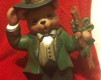 Clay Magic Bear Ceramic Boy St. Patricks Day Bear Festive Home Decor Handcrafted Figurine by jmdceramicsart