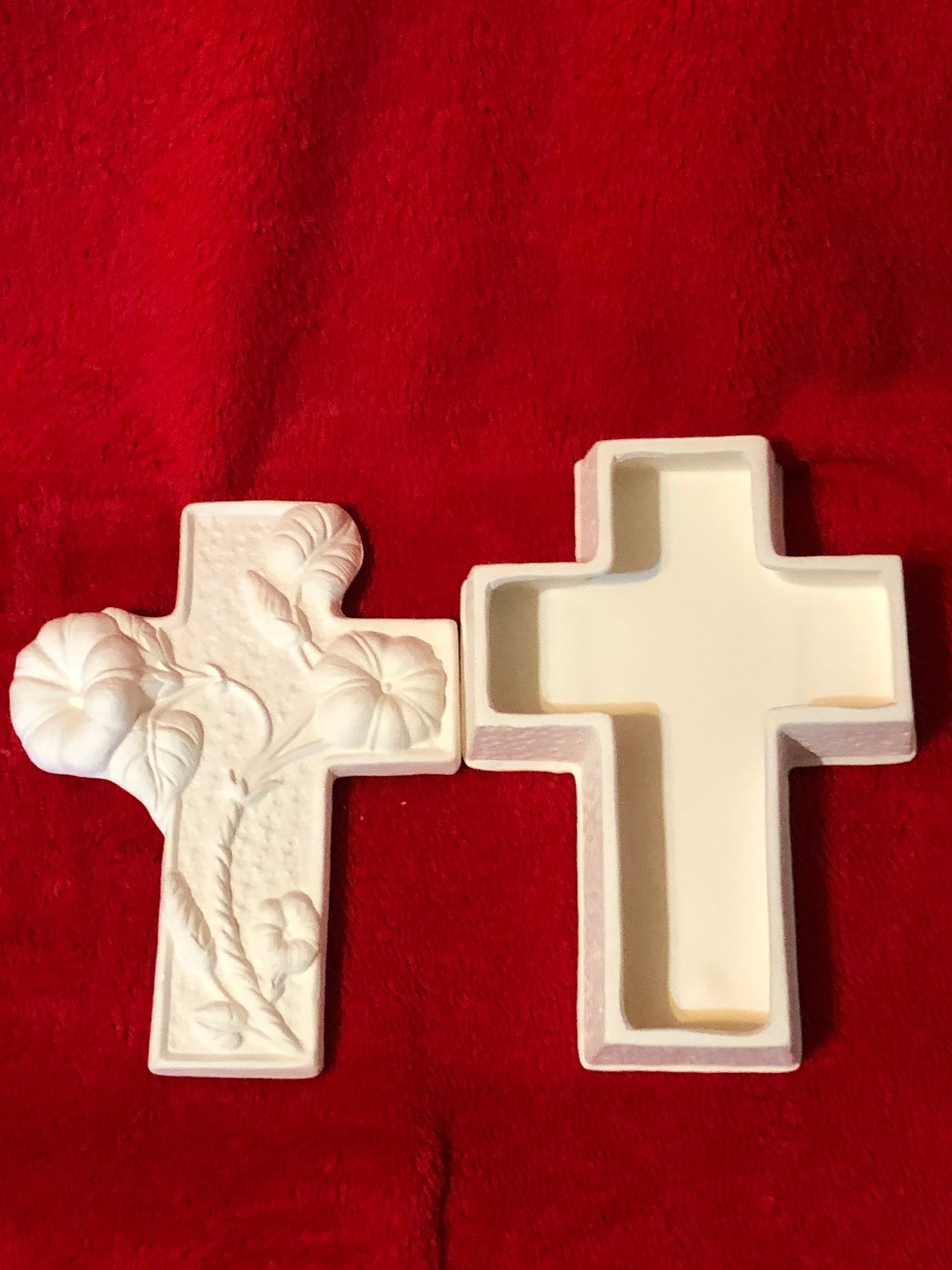 Vintage Ceramic Cross Trinket Box in bisque ready to paint