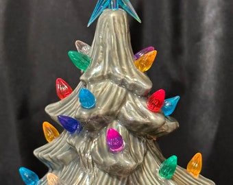 Star-Topped Christmas Tree with Multicolored Ornaments and Star on Base - Handmade Ceramic Xmas Tree Gift - Ornamented Silver Tree - Gifts