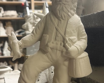 DIY Ceramic Bisque Fishing Santa: Ready-to-Paint Christmas Decor (10" x 8")
