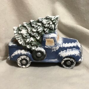 Blue Ceramic Classic Pickup and Tree with snow and holes for lights image 1