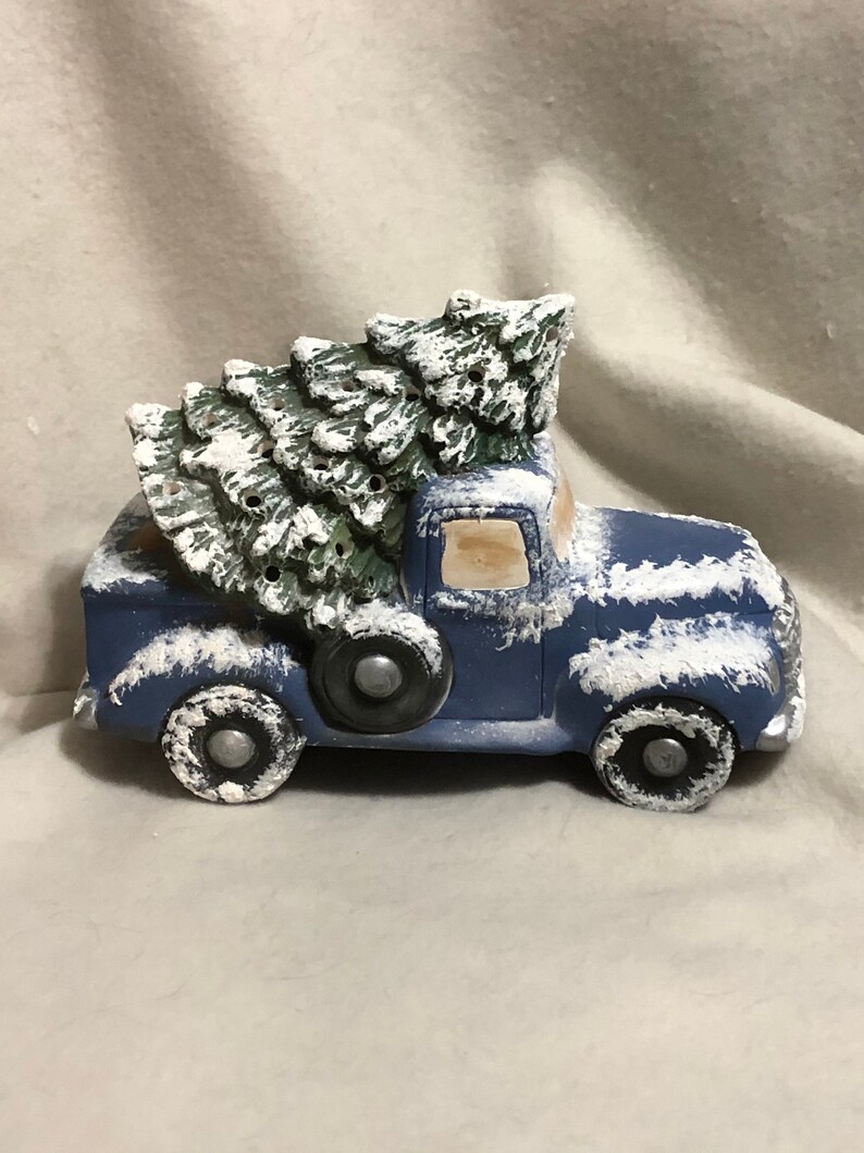 Blue Ceramic Classic Pickup and Tree with snow and holes for lights image 1