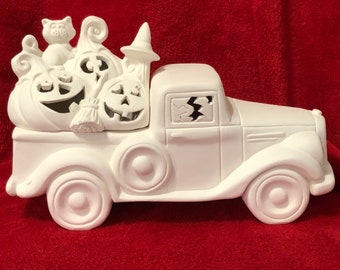 New Clay Magic Old Time Jalopy Pickup Truck with Jack O'lanterns Lid in ceramic bisque cut out for lights to paint by jmdceramicsart