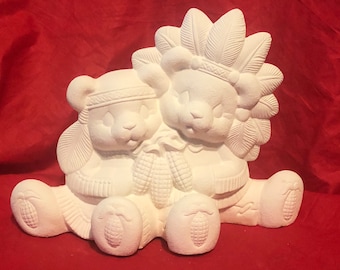 Clay Magic's Native American Cuddle Bears in ceramic bisque ready to paint by jmdceramicsart