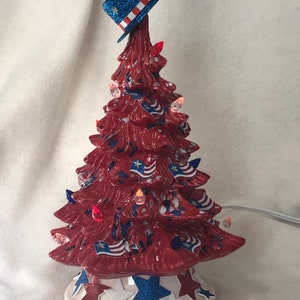 Red Glazed Ceramic Independence Day Tree With Blue and White Flecks ...
