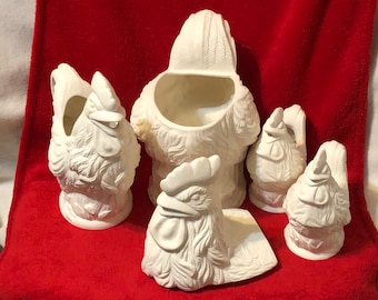 6 Piece Ceramic Chicken Cookie Jar, Pitcher, Sugar Container and Creamer Container in bisque ready to paint by jmdceramicsart