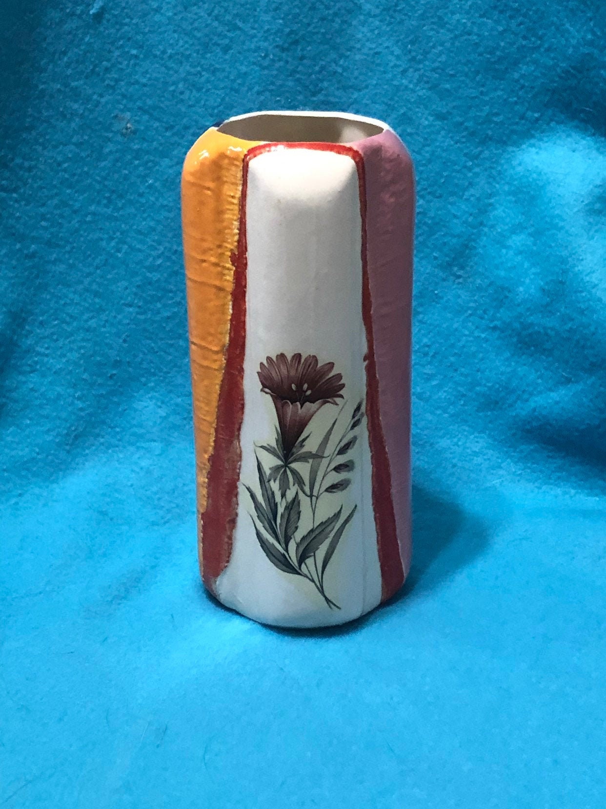 Vintage Glazed Vase with Decal Ceramic Art