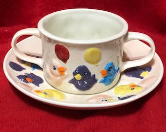 Very Rare 2 piece set Ceramic Ivory Glazed Little Ducky Cup and Saucer