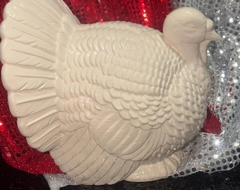 Handmade White Ceramic Turkey Figurine - Thanksgiving Tabletop Decor - DIY Turkey Day Art
