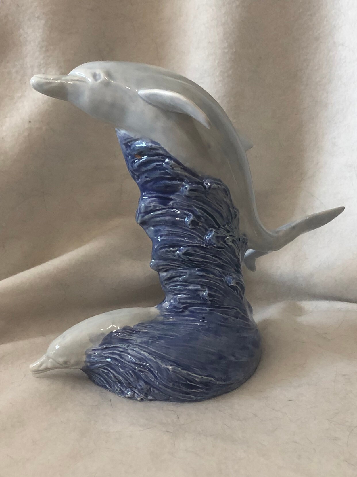 Sapphire and Sheer Blue Glazed Ceramic Dolphins