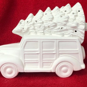 Clay Magic Truck - Diy Ready to Paint - Ceramic Bisque Woodie with Tree & Hole for Lights by jmdceramicsart