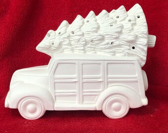 Clay Magic Truck - Diy Ready to Paint - Ceramic Bisque Woodie with Tree & Hole for Lights by jmdceramicsart