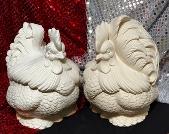 Rare Atlantic Molds Rooster and Hen Cookie Jar Set in ceramic bisque ready to paint by jmdceramicsart