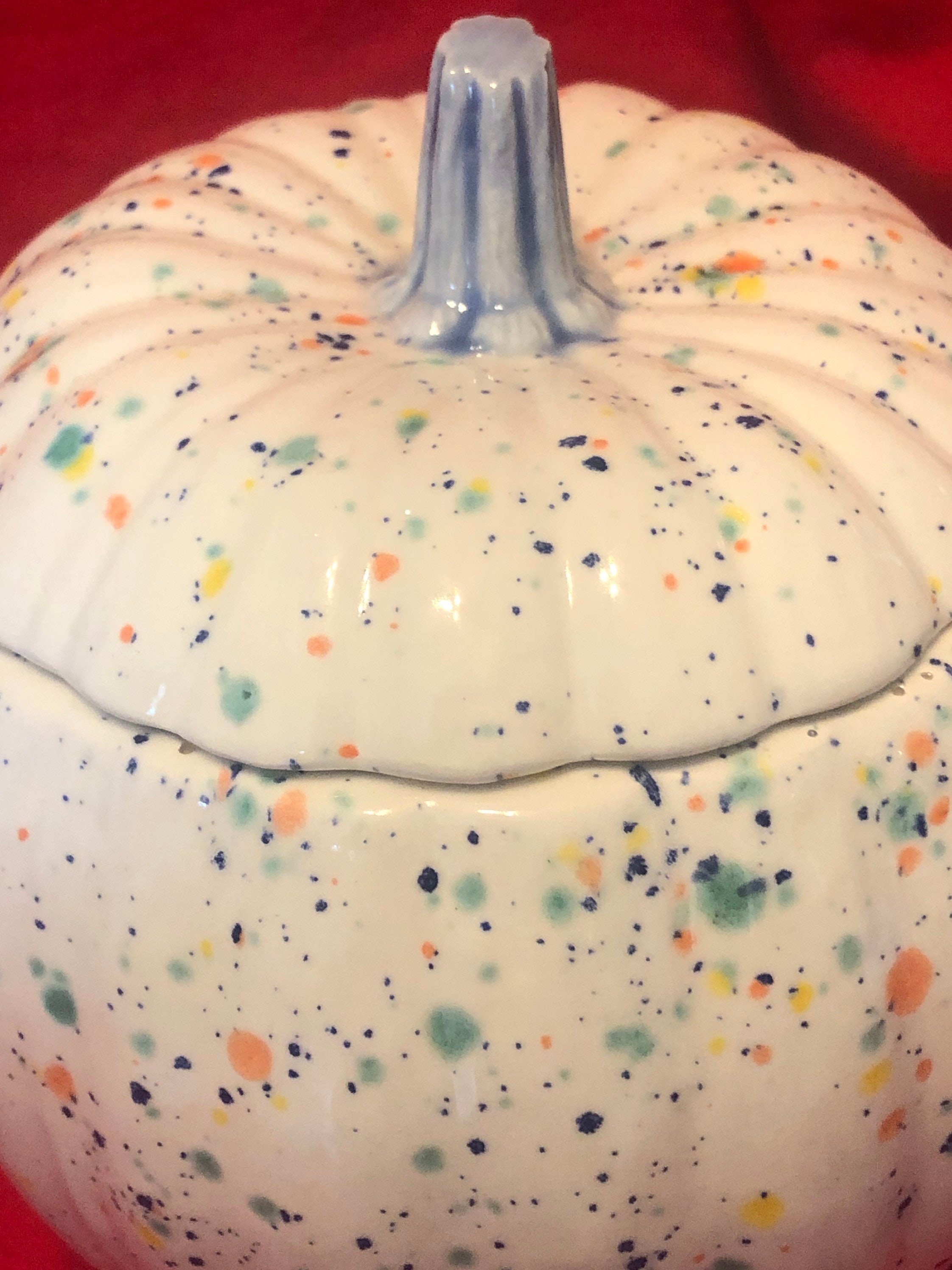 Milk White and Fruity Freckles Glazed Ceramic Pumpkin Candy Dish with a