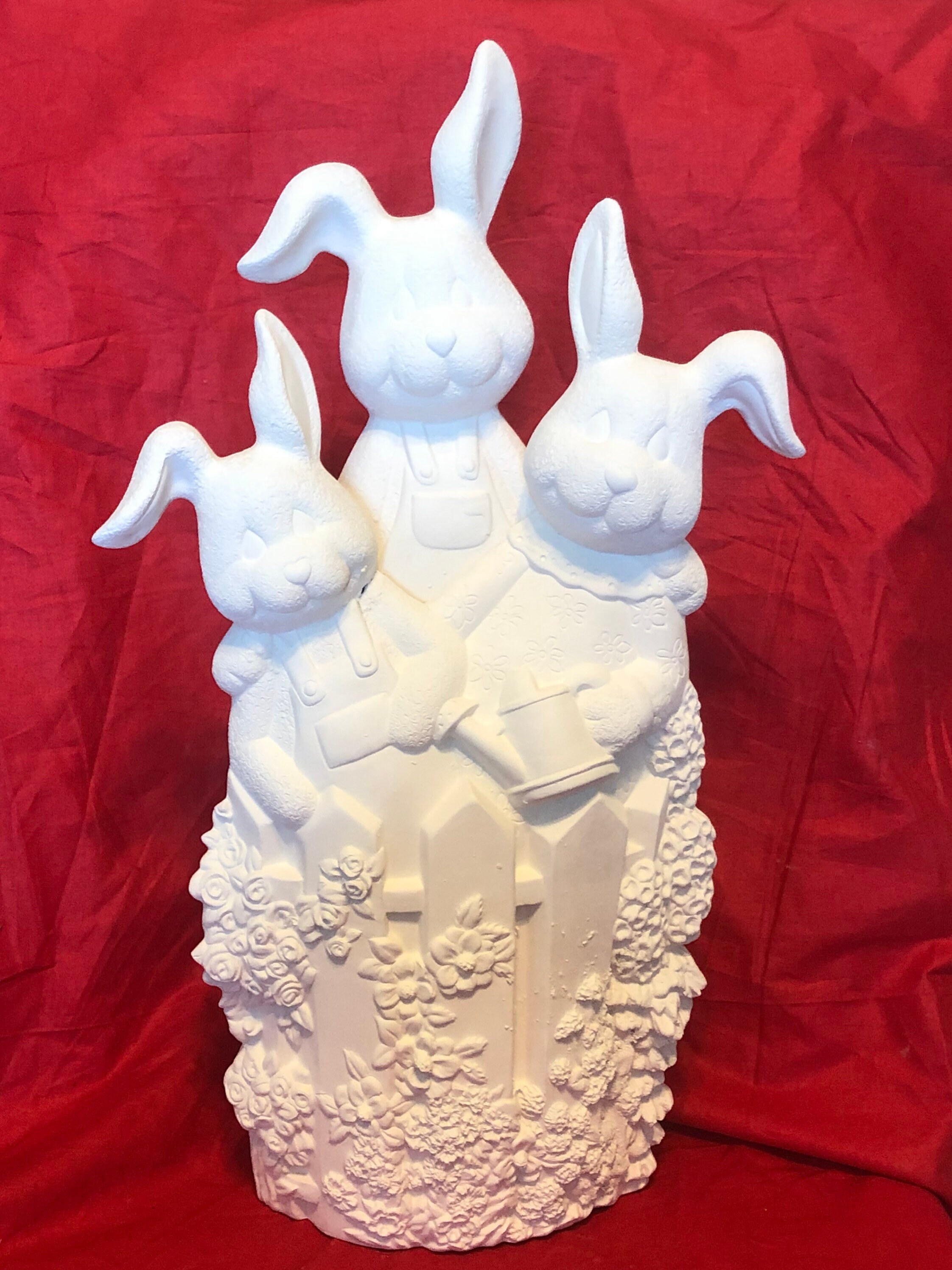 Ceramic Bunnies and fence with flowers in bisque ready to paint by