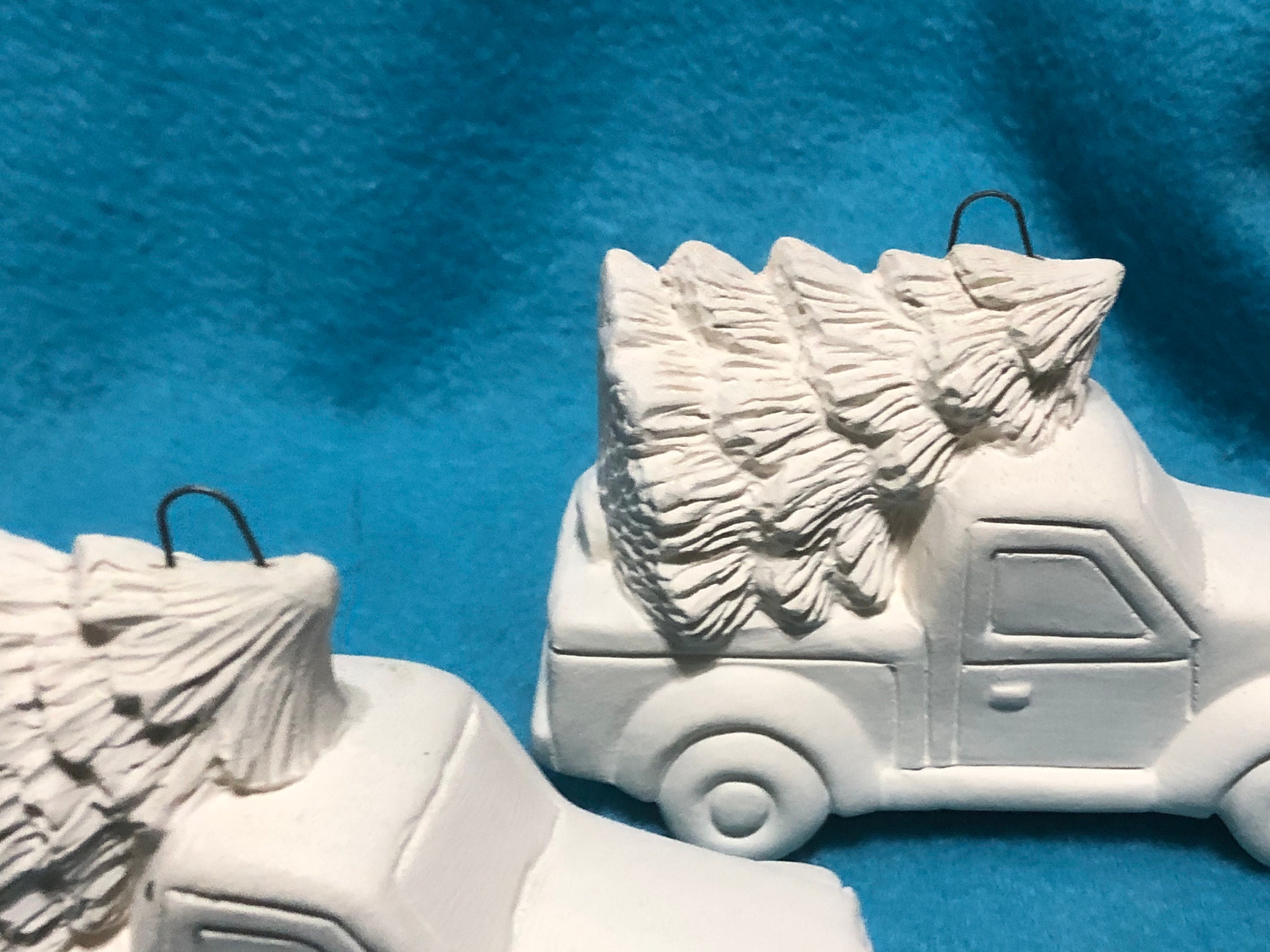 Set of 3 Ceramic Classic Pickup Trucks with Trees Bisque Ornaments