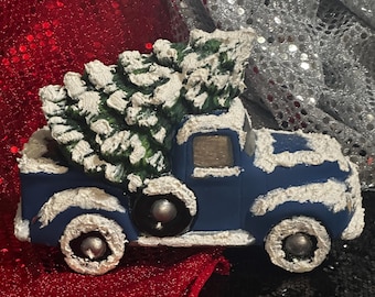 Handmade Ceramic Truck with Christmas Tree - Custom Painted Clay Magic Truck - Xmas Tree Figurine - Christmas Tabletop - Unique Xmas Gifts