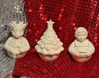 Set of 3 Ceramic Roly Polies, Rudy, Tree and Mrs. Claus figurines in bisque ready to paint by jmdceramicsart