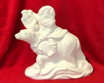 Rare Ceramic Santa on Polar Bear with Lantern in bisque ready to paint