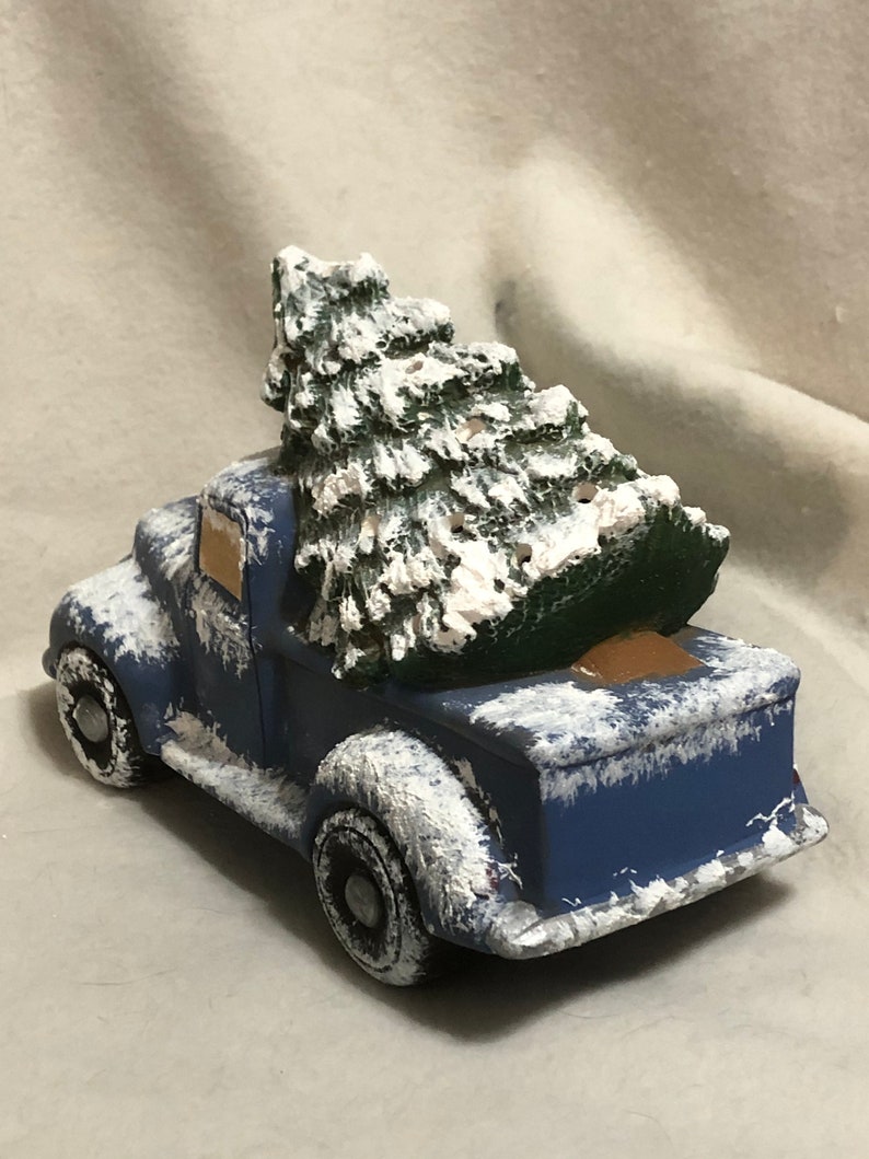 Blue Ceramic Classic Pickup and Tree with snow and holes for lights image 4