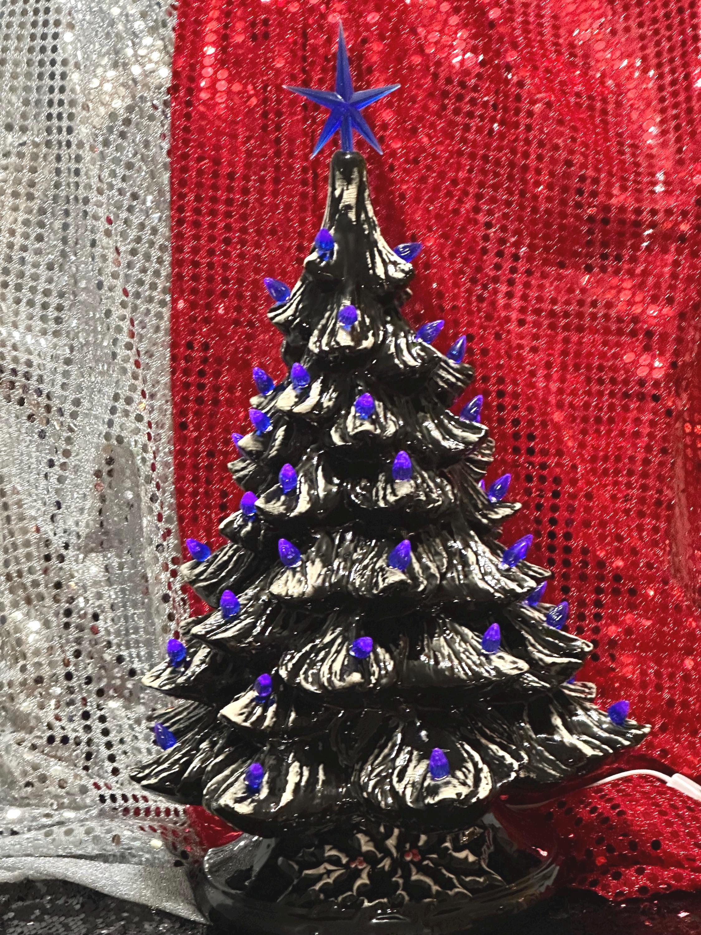 Star-Topped Tree - Handcrafted Ornamented Xmas Tree and Base - With Blue Bulbs - Handmade Xmas Tree Art - Christmas Trees - Xmas Tree Gifts