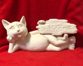 2 Piece Ceramic Kitty Cat Welcome Sign in bisque ready to paint by jmdceramicsart