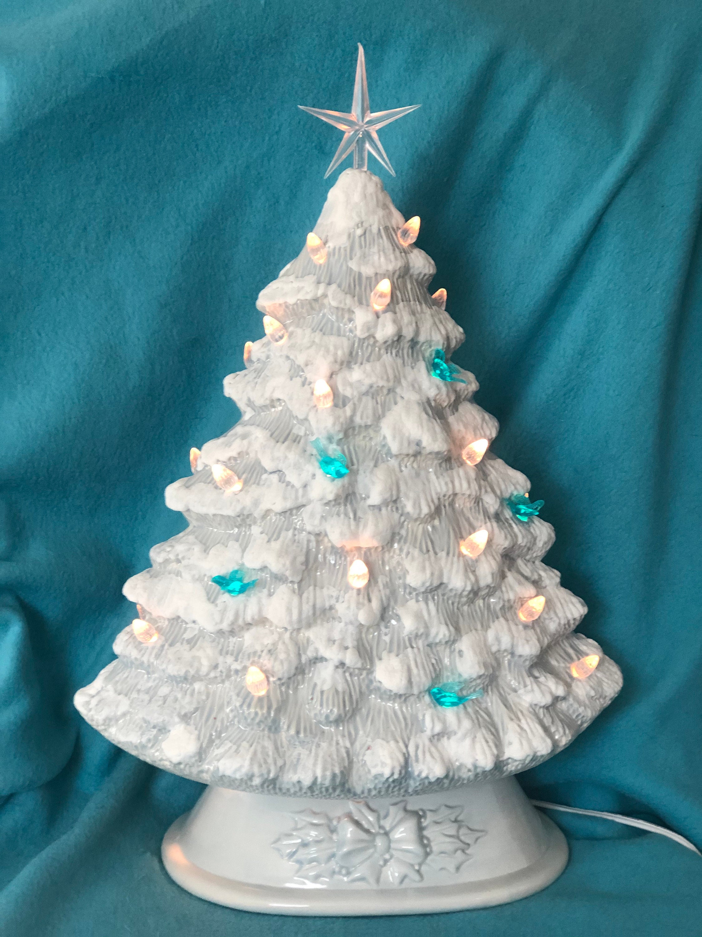Sheer Blue Glazed Ceramic Christmas Tree with clear and blue bird light