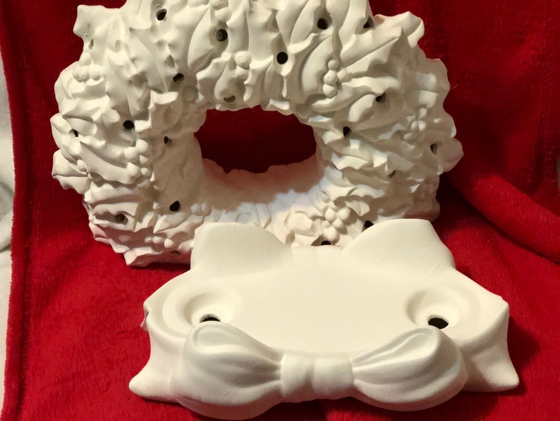 Ceramic Christmas Wreath with Bow Base light stand and holes for lights in bisque ready to paint image 2