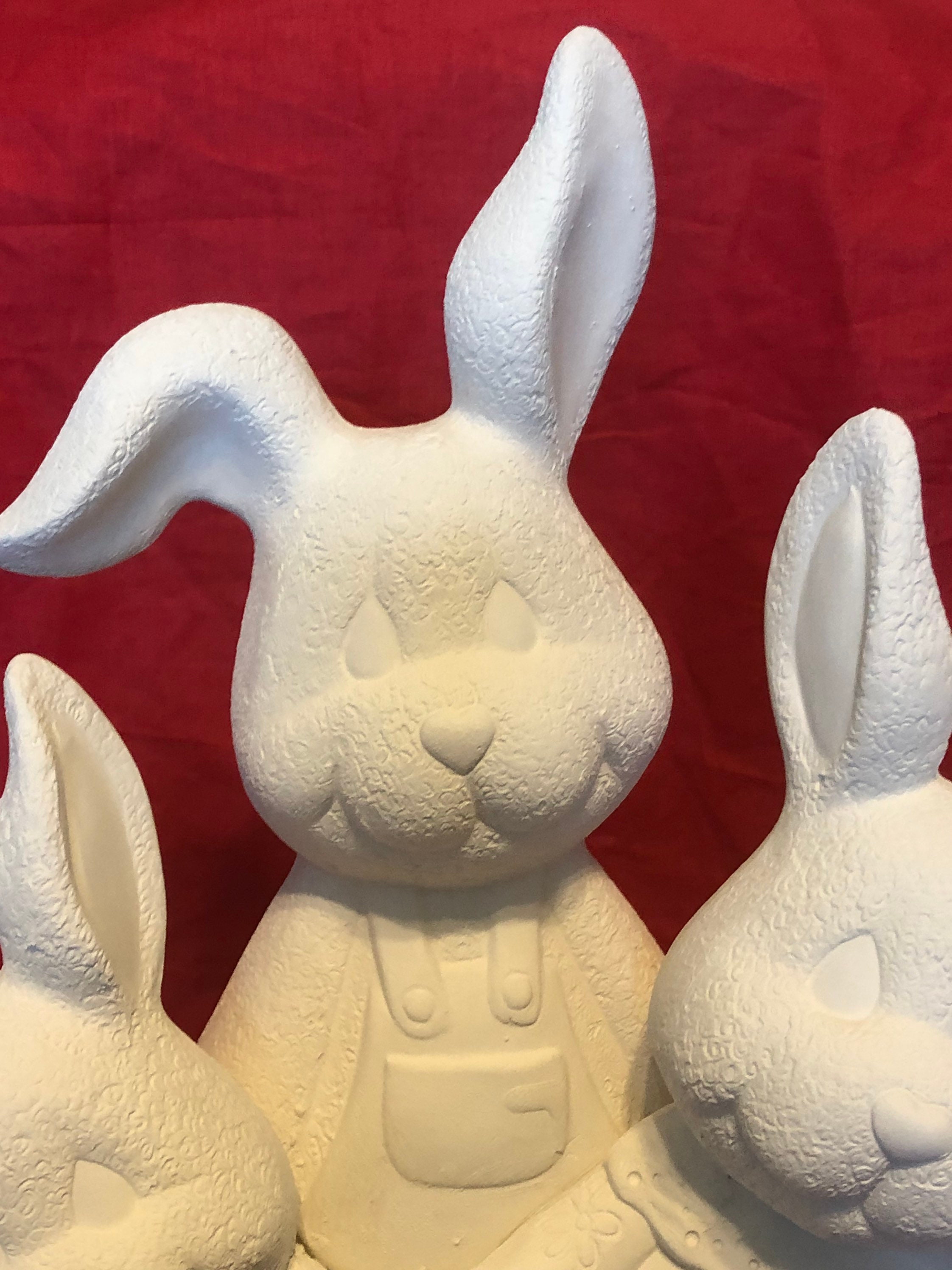 Ceramic Bunnies and fence with flowers in bisque ready to paint by jmdceramicsart