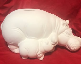Hippo and Baby Hippo piggy bank with rubber stopper in ceramic bisque ready to paint by jmdceramicsart