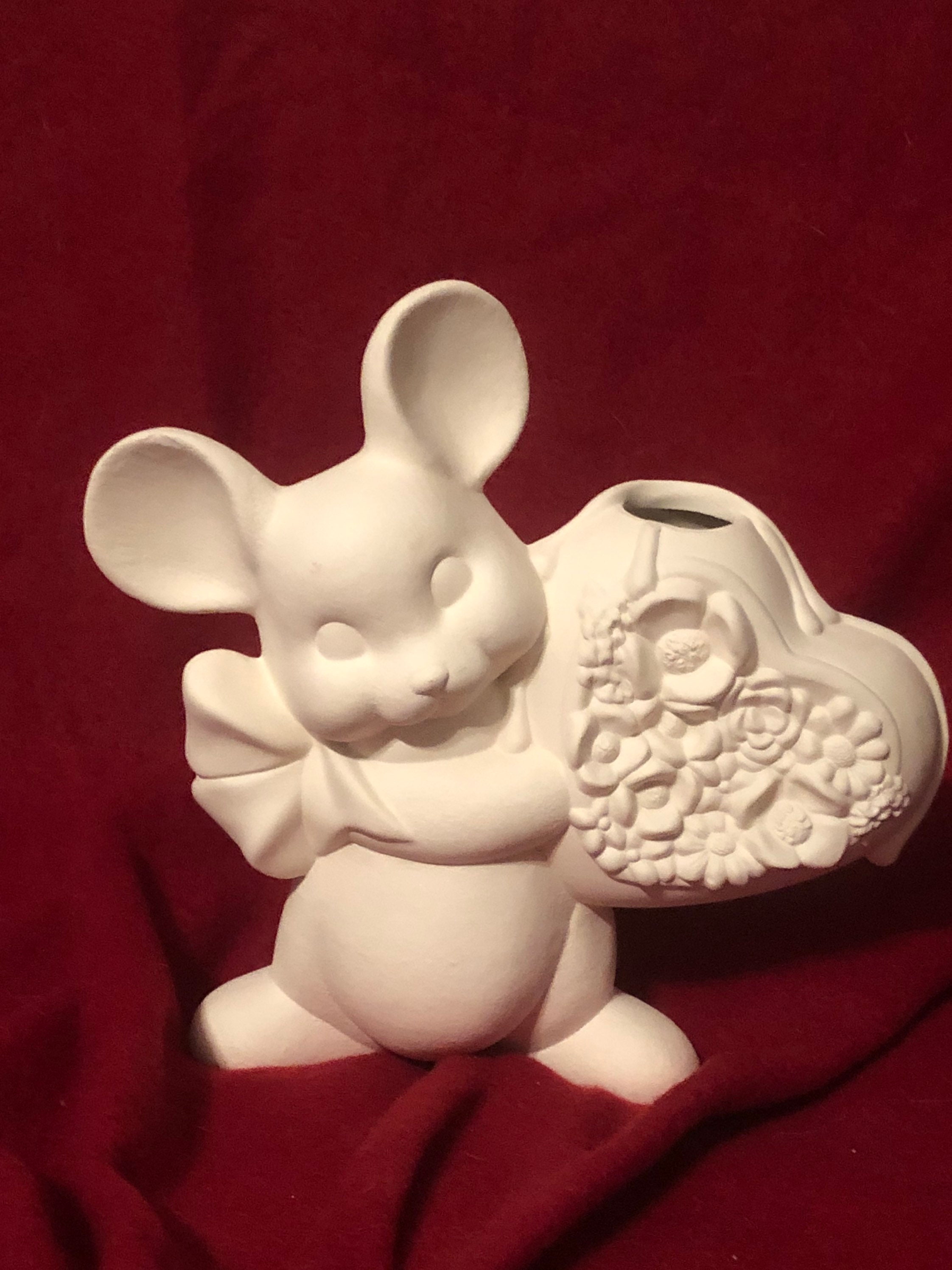 Clay Magic Molds Mouse and Heart bud vase in ceramic bisque ready to paint by jmdceramicsart