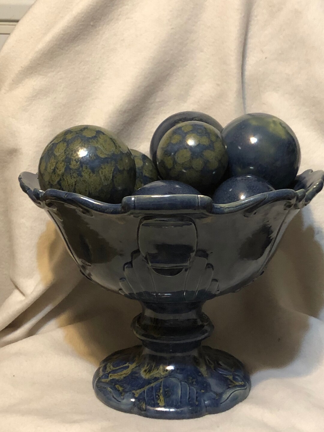 Handmade Blue Glazed Stoneware Fruit Bowl With Ceramic Ornaments - Etsy