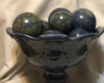 One of a kind 10 piece Stoneware Blue Glazed Ceramic Fruit Bowl with decorative ornaments by jmdceramicsart