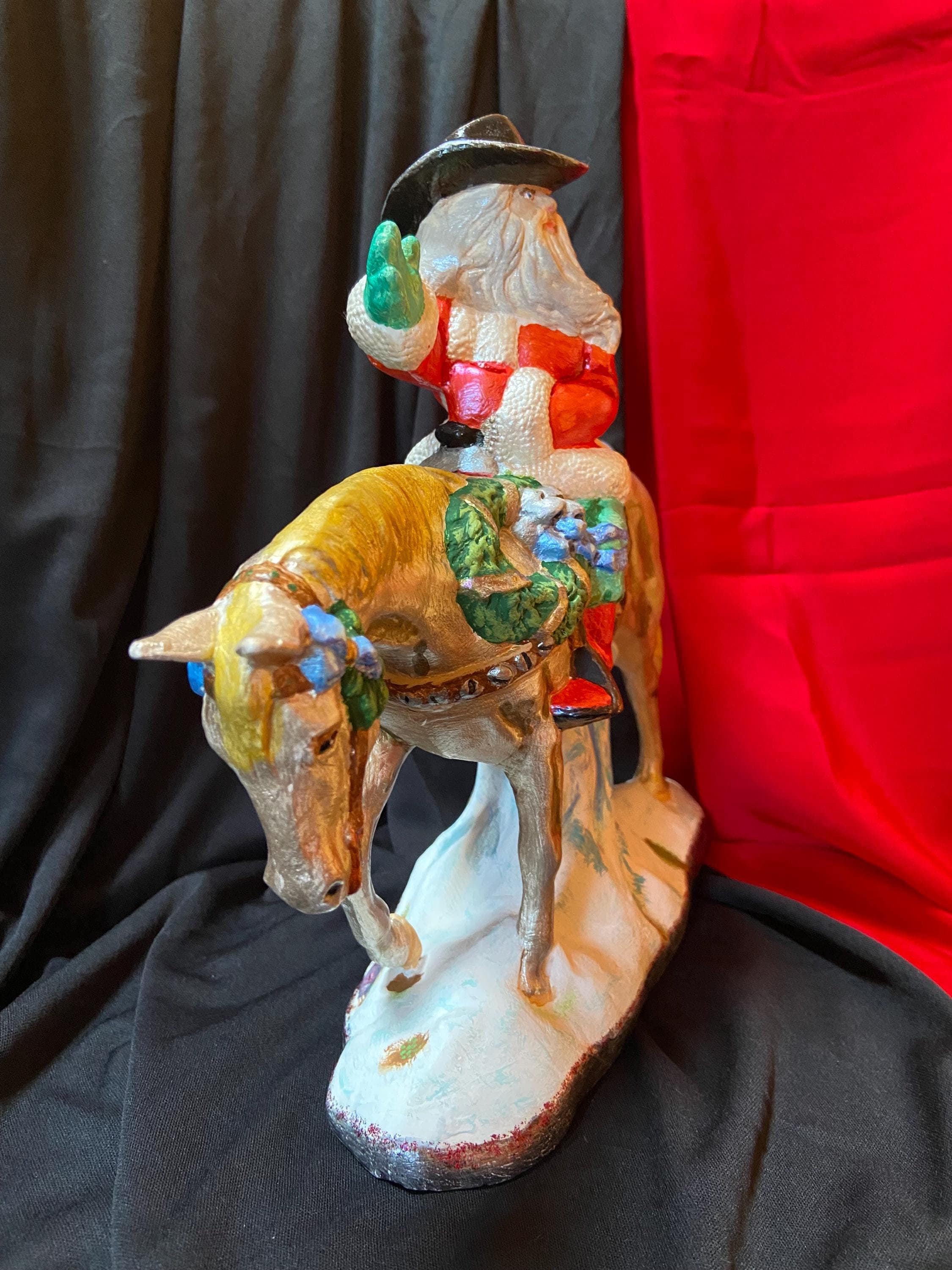Handmade Ceramic Santa on Horse Figurine - Xmas Decor (10x7