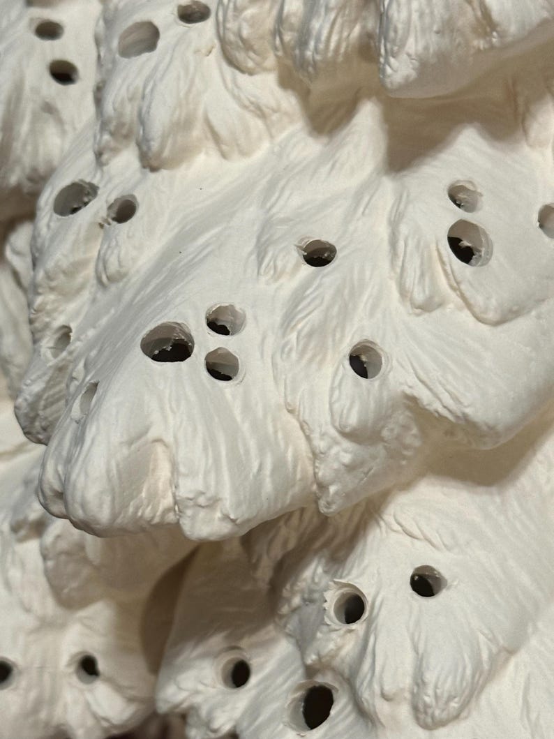 Pu&ograve; includere: Primo piano di una scultura in ceramica bianca strutturata con pi&ugrave; fori. La scultura ha una forma organica a strati con una superficie ruvida e irregolare. I fori sono scuri e uniformemente distanziati.