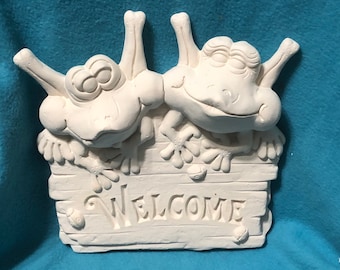 Frog Welcome Sign Ceramic Bisque Wall Hanging ready to paint by jmdceramicsart