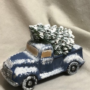 Blue Ceramic Classic Pickup and Tree with snow and holes for lights image 2