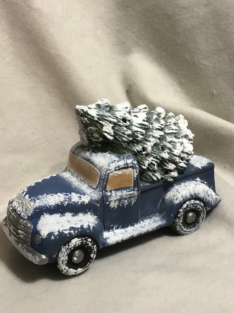 Blue Ceramic Classic Pickup and Tree with snow and holes for lights image 2