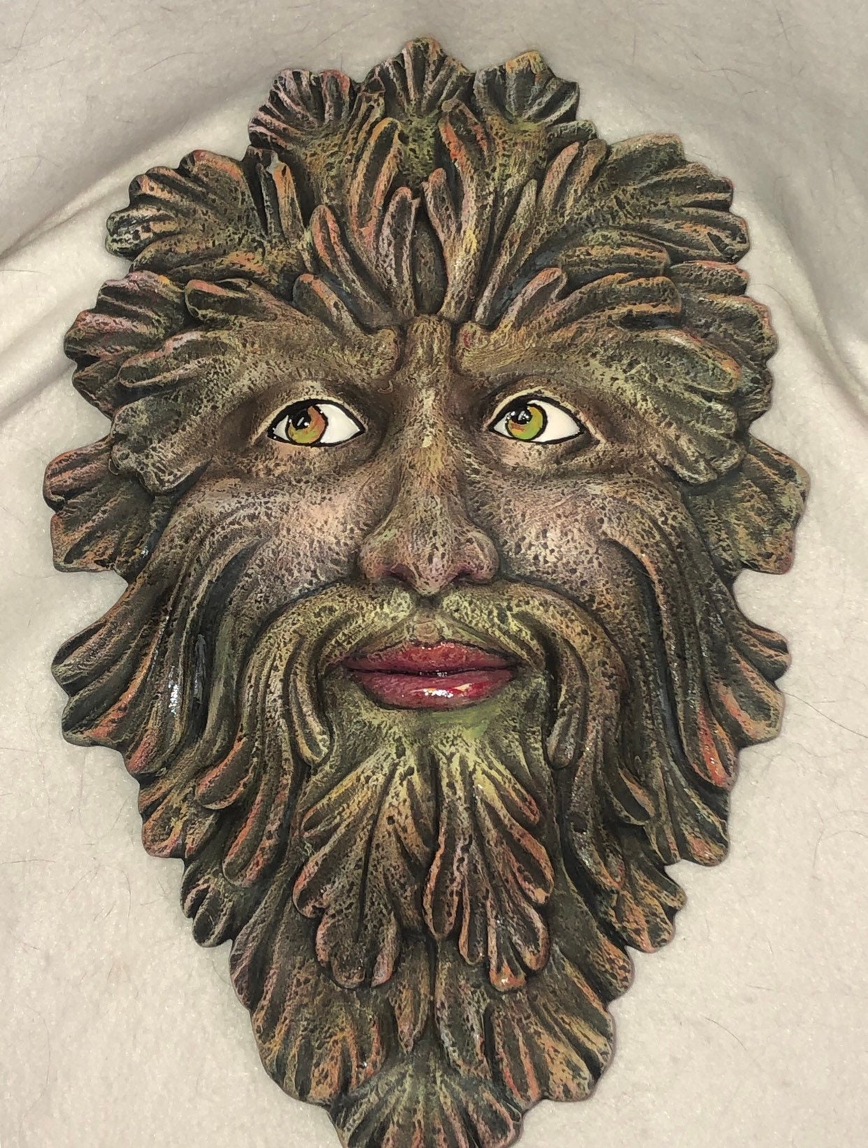 Green Man Mask Wall Hanging Ceramic Art