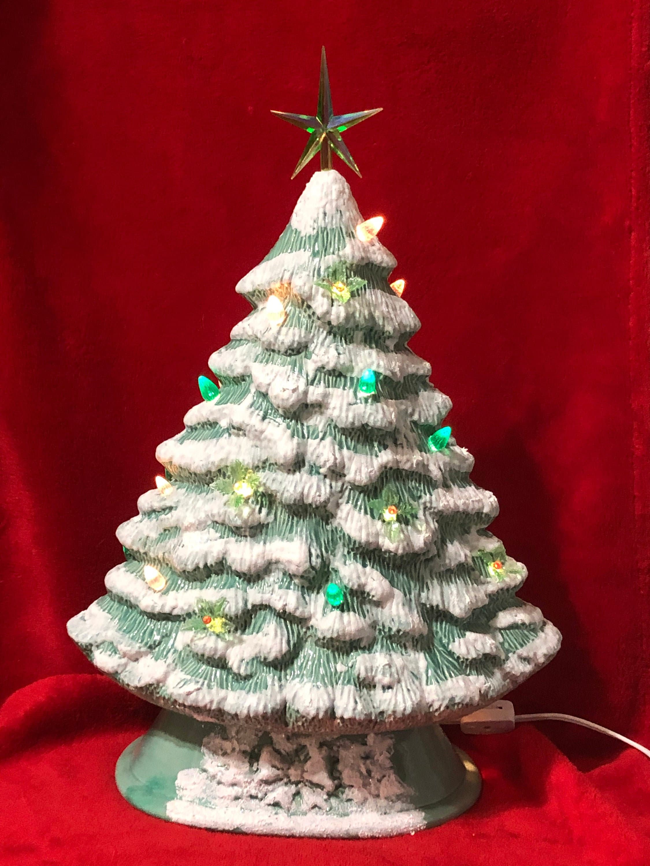 Green Glazed Ceramic Christmas Tree with white, green and holly leaf