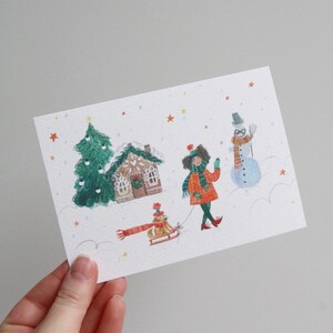 Girl with Dog and Snowman Christmas Card