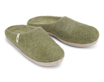 Felted Wool Slippers | Wool Slippers | Mule Slippers | Womens Slippers | Mens Slippers | House Shoes | Moss Green