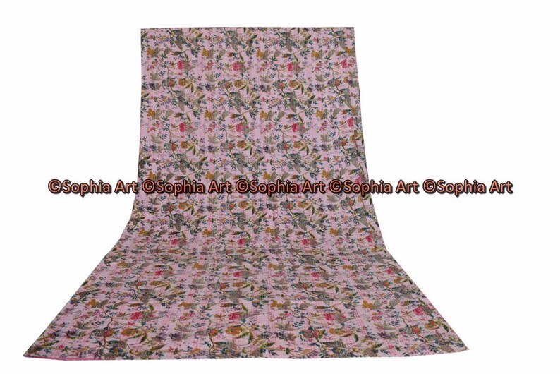 Indian Twin Gudri Handmade Quilt Vintage Orange Bird Of Paradise print Kantha spread Throw Cotton Blanket