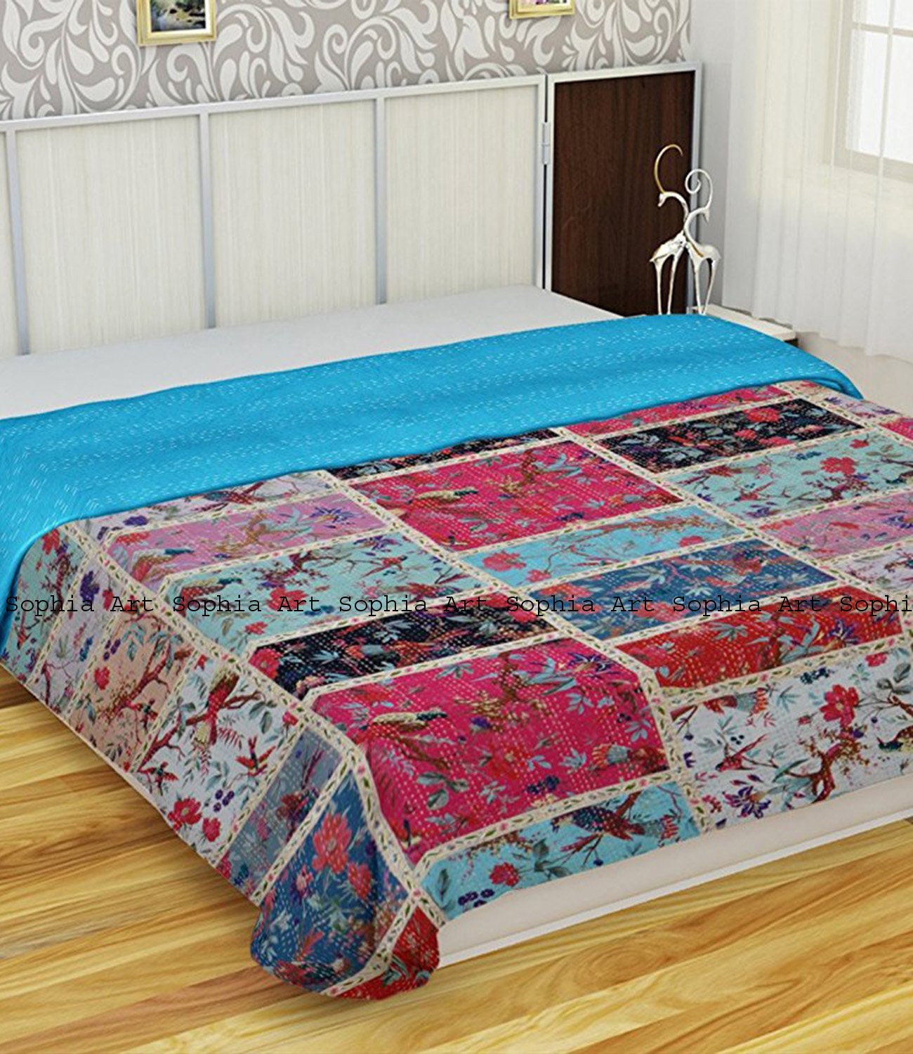 Sophia Art Blue Handmade Indigo Kantha Quilt Patchwork Quilt