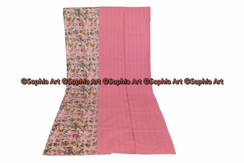 Indian Twin Gudri Handmade Quilt Vintage Orange Bird Of Paradise print Kantha spread Throw Cotton Blanket