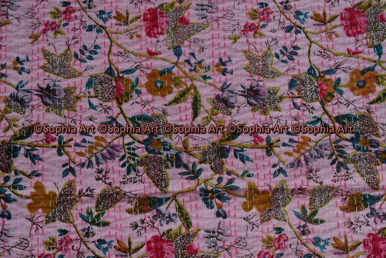 Indian Twin Gudri Handmade Quilt Vintage Orange Bird Of Paradise print Kantha spread Throw Cotton Blanket